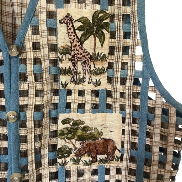 Vintage Open-Stitch Safari Animals Vest XL Cotton Linen Zoo - Picture 3 of 5